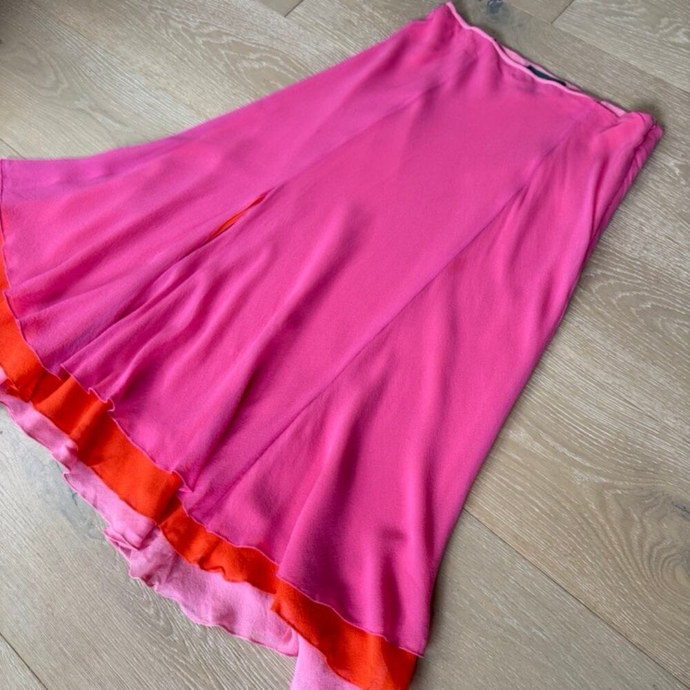 Y2K Lauren Ralph Lauren Sunset Ombre Boho Chiffon Silk Ruffle Hem Skirt Sz 4